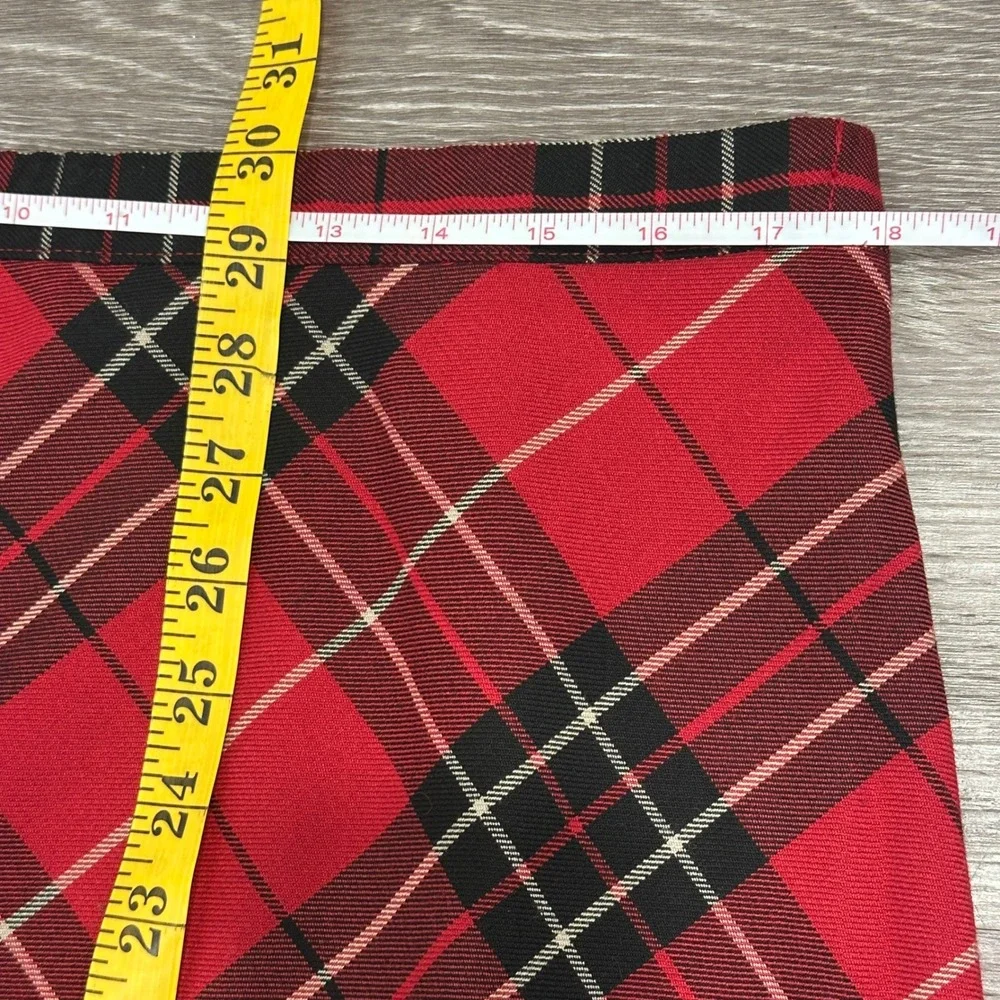 Red Plaid Tartan Midi Skirt Bias Cut A-Line Red Black White Classic Preppy Sz 14